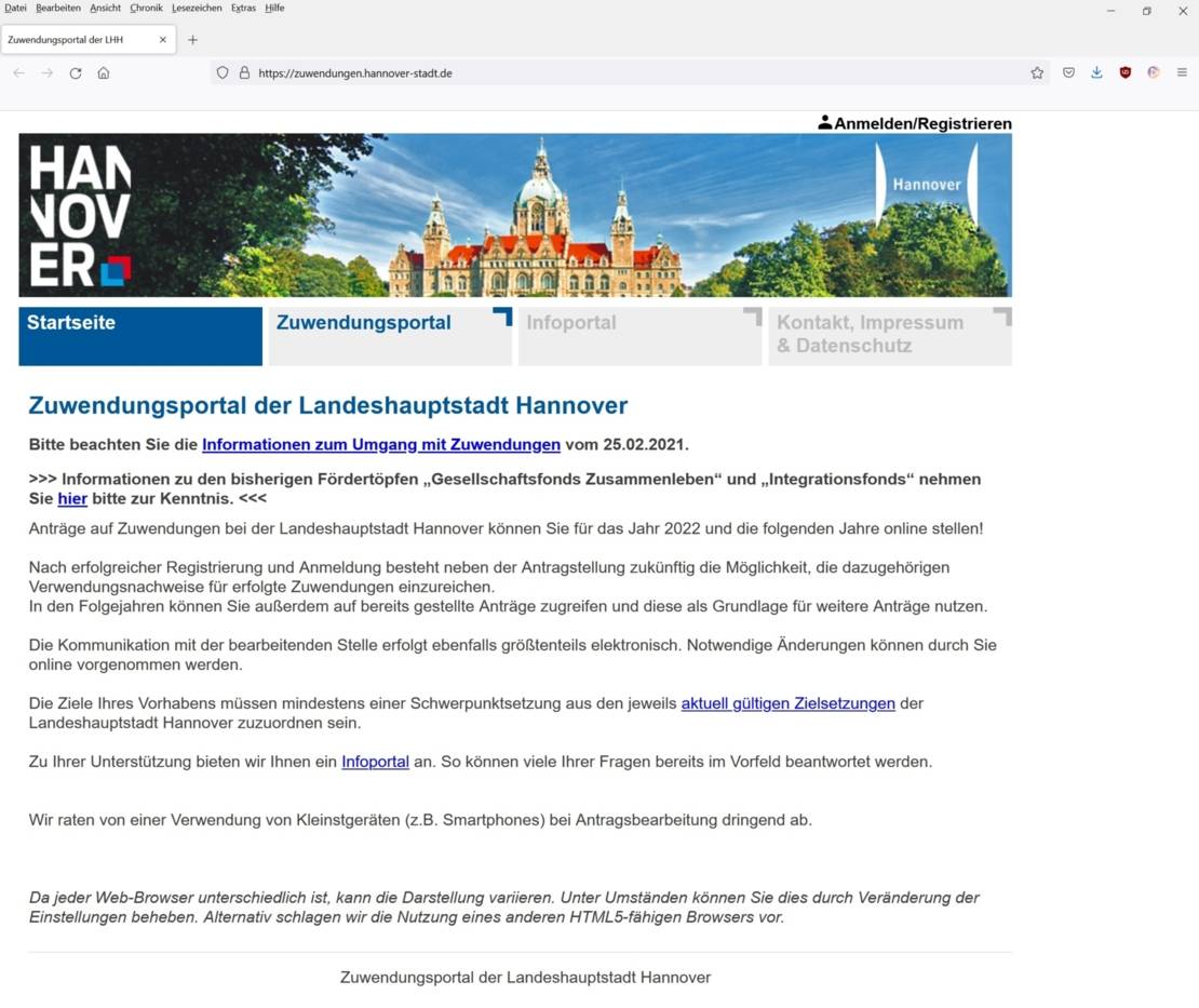 Zu sehen ist die in einem Browser geöffnete Startseite des Zuwendungsportals der Landeshauptstadt Hannover. Die url lautet https://zuwendungen.hannover-stadt.de